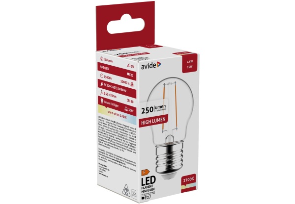 Avide LED Filament Mini Globe 2.5W E27 WW 2700K Mini Gömb