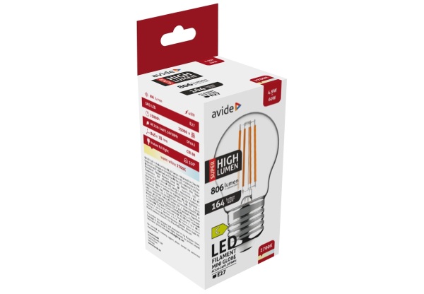 Avide LED Filament Mini Globe 4.9W E27 WW 2700K Super High Lumen Mini Gömb