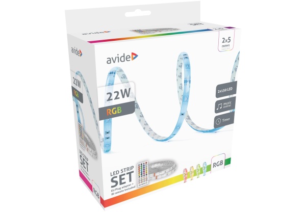 Avide LED Szalag Bliszter 12V 22W RGB 2x5m Zene vezérlés + IR távirányító Szettek