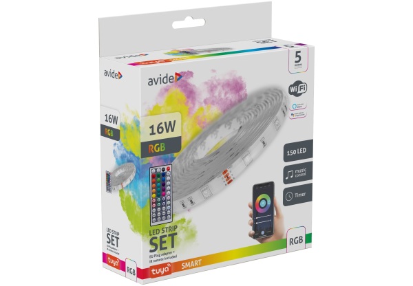 Avide LED Szalag Bliszter 12V 16W RGB 5m TUYA – Zene vez. + IR távirányító Szettek