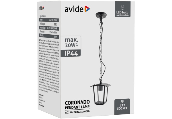 Avide kültéri függeszték lámpa Coronado 1xE27 IP44 fekete Falikar