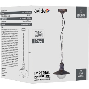 Avide kültéri függeszték lámpa Imperial 1xE27 IP44 antik arany Falikar