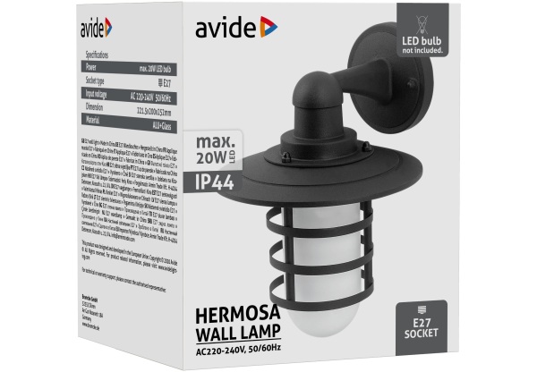 Avide kültéri fali lámpa Hermosa 1xE27 IP44 fekete Falikar