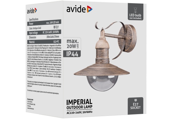 Avide kültéri fali lámpa Imperial 1xE27 IP44 antik arany Falikar