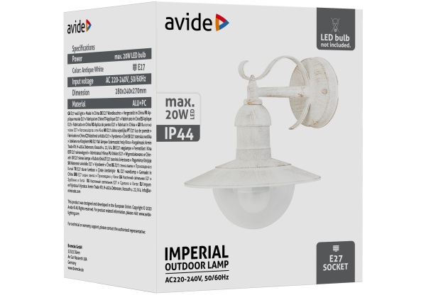 Avide kültéri fali lámpa Imperial 1xE27 IP44 antik fehér Falikar