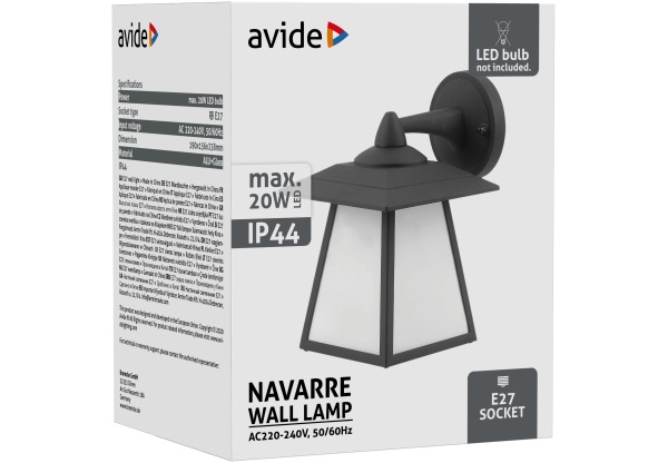 Avide kültéri fali lámpa Navarre 1xE27 IP44 fekete Falikar