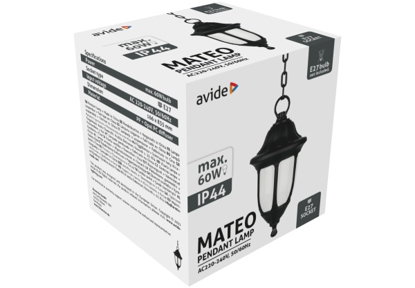 Avide Kültéri Függeszték Lámpa Mateo 1xE27 Fekete IP44 Falikar