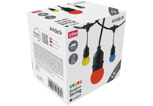 Avide Kültéri 220V E27 Füzér 10m 15 Foglalat + 15 Dekor LED Füzérek