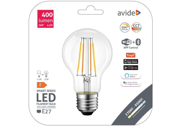 Avide Smart Filament LED Globe A60 4.5W CCT WIFI + BLE APP Control WIFI