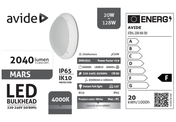 Avide Cseppálló Mennyezeti Lámpa Mars Kerek IP65 20W NW 4000K Fehér + Inverter IP Védett