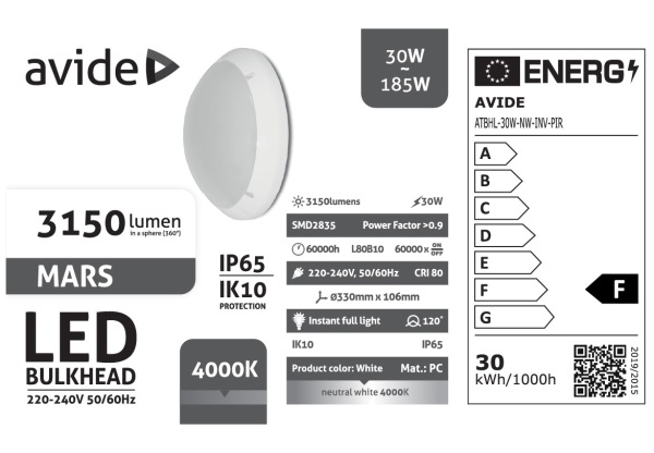 Avide Cseppálló Mennyezeti Lámpa Mars Kerek IP65 30W NW 4000K Fehér + Inverter + PIR IP Védett