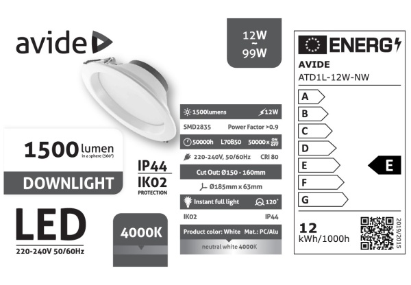 Avide LED Downlight Kerek IP44 12W 1500lm NW 4000K LED-es