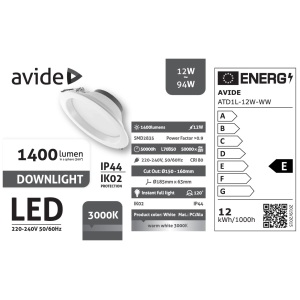 Avide LED Downlight Kerek IP44 12W 1400lm WW 3000K LED-es