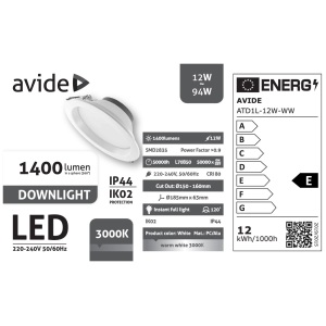 Avide LED Downlight Kerek IP44 12W 1300lm WW 3000K LED-es