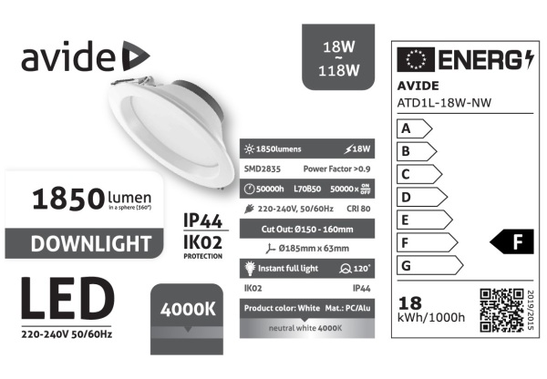 Avide LED Downlight Kerek IP44 18W 1850lm NW 4000K LED-es