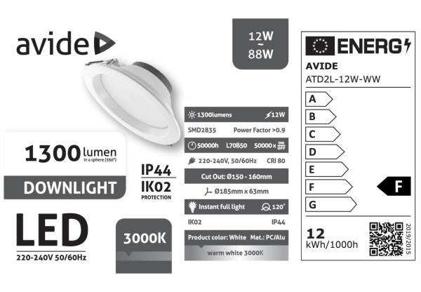 Avide LED Downlight Kerek IP44 12W 1300lm WW 3000K LED-es