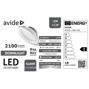 Avide LED Downlight Kerek IP44 18W 2100lm CW 6400K LED-es