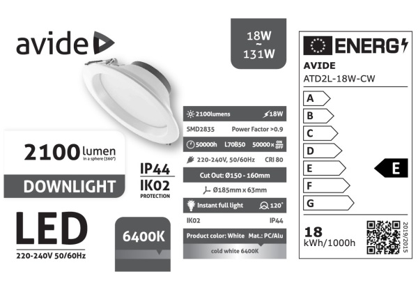 Avide LED Downlight Kerek IP44 18W 2100lm CW 6400K LED-es
