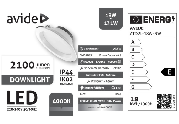 Avide LED Downlight Kerek IP44 18W 2100lm NW 4000K LED-es