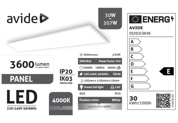 Avide Led Panel 300x1200mm 30W NW 4000K 3600lm UGR<19 IP20 Industrial V2 Industrial