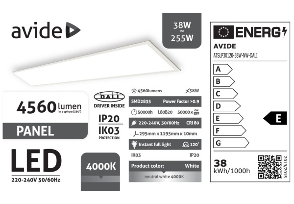Avide Led Panel 300x1200mm 38W NW 4000K 4560lm UGR<19 IP20 DALI Industrial V2 Industrial