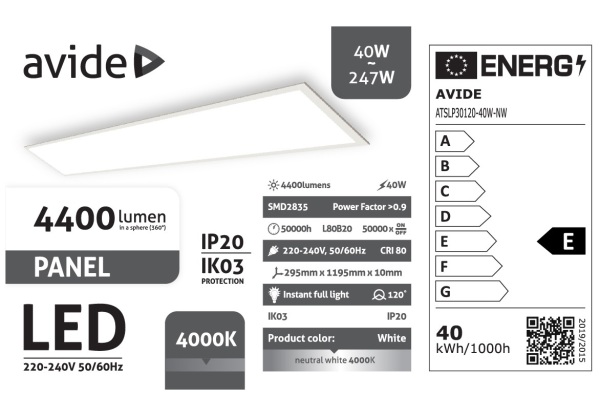 Avide Led Panel 300x1200mm 40W NW 4000K 4400lm UGR<19 IP20 Industrial V2 Industrial