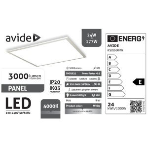 Avide LED Panel 600x600mm 31W NW 4000K 4280lm UGR<19 IP40 Industrial Range V2 Backlit Industrial