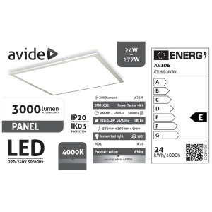 Avide Led Panel 600x600mm 24W NW 4000K 3000lm UGR<19 IP20 Industrial V2 Industrial