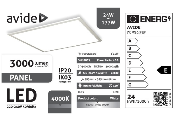 Avide Led Panel 600x600mm 24W NW 4000K 3000lm UGR<19 IP20 Industrial V2 Industrial
