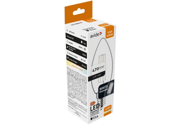 Avide LED White Filament Candle 4.5W E14 NW 4000K Gyertya