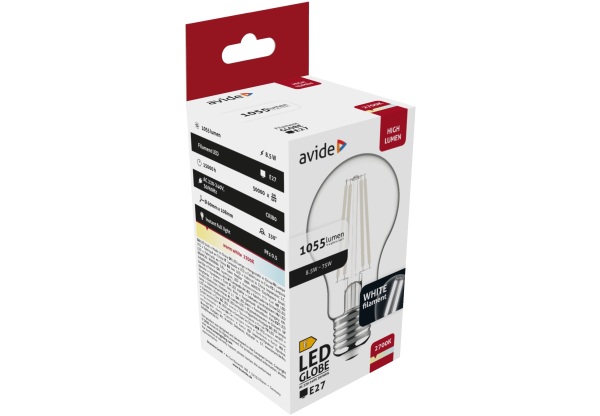 Avide LED White Filament Globe 8.5W E27 WW 2700K Gömb