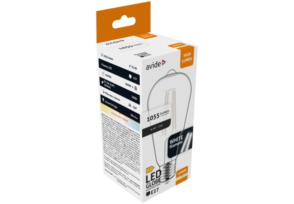 Avide LED White Filament ST64 8.5W E27 NW 4000K Gömb