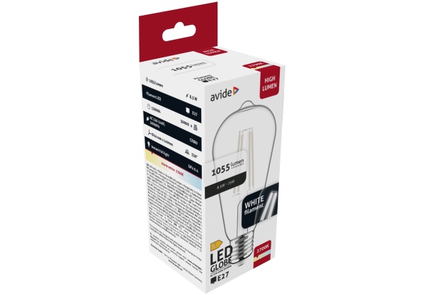 Avide LED White Filament ST64 8.5W E27 WW 2700K Gömb