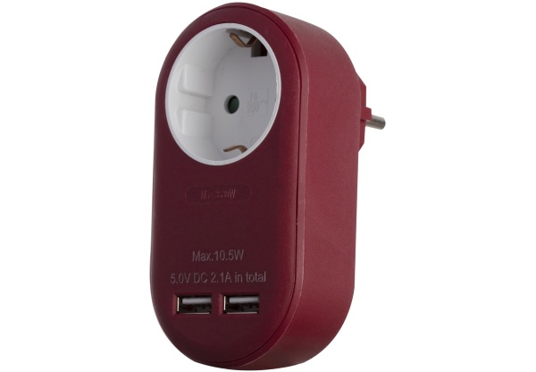 Entac Hálózati Adapter 1 Földelt Aljzat és 2 USB (össz. 2.1A) Burgundi vörös Hálózati adapter