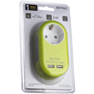 Entac Hálózati Adapter 1 Földelt Aljzat és 2 USB (össz. 2.1A) Lime Hálózati adapter