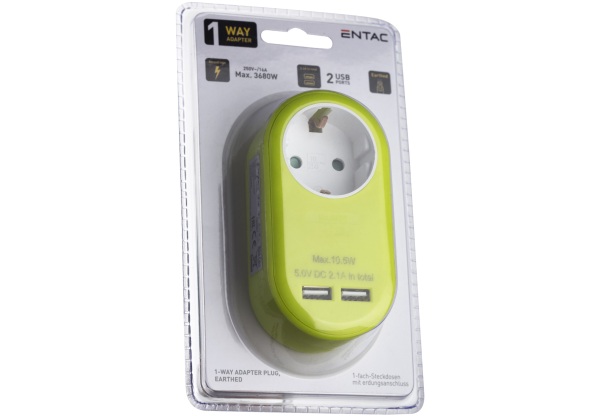 Entac Hálózati Adapter 1 Földelt Aljzat és 2 USB (össz. 2.1A) Lime Hálózati adapter