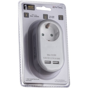 Entac Hálózati Adapter 1 Földelt Aljzat és 2 USB (össz. 2.1A) Kék Hálózati adapter