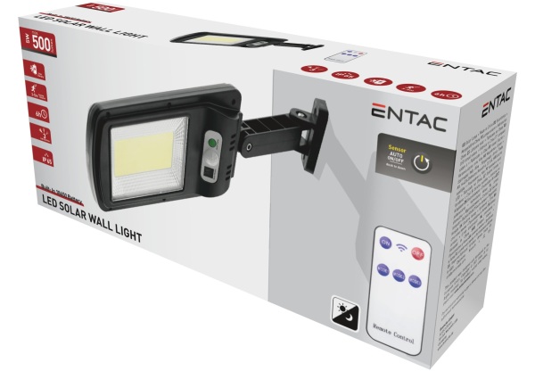 Entac Napelemes Műanyag Fali lámpa 5W COB mozgásérzékelővel és IR távirányítóval Napelemes lámpa