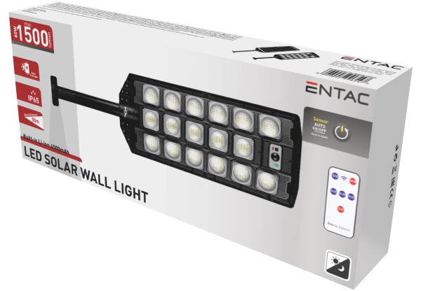 Entac LED Szolár Utcai Lámpa Távirányítóval, Mozgásérzékelővvel Autamata Dimm funkcióval, 1500lm Utcai lámpa