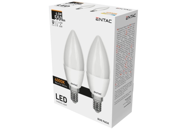Entac LED Candle E14 6,5W NW 4000K Duo Pack Gyertya